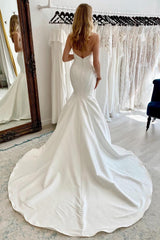 Elegant White Strapless Satin Long Mermaid Beach Wedding Dress