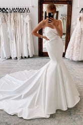 Elegant White Strapless Satin Long Mermaid Beach Wedding Dress