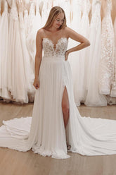 Elegant White Sweetheart Long Lace Boho Beach Wedding Dress with Slit