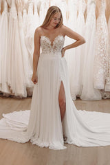 Elegant White Sweetheart Long Lace Boho Beach Wedding Dress with Slit