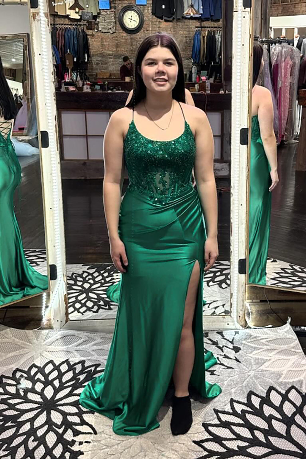 Emerald Green Prom Dress Corset Satin Long Formal Dress With Slit
