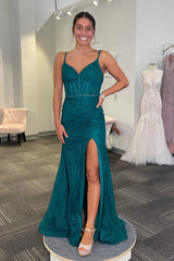 Emerald Green Prom Dress Mermaid Spaghetti Straps Long Evening Dress With Slit