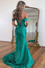 Emerald Green Prom Dress Off The Shoulder Mermaid Long Formal Dress With Slit