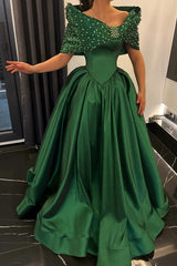 Emerald Green Satin Ball Gown Prom Dress with Beaded Off Shoulder Wrap