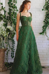 Emerald Green Strapless Spaghetti Strap Evening Dress with Applique A Line