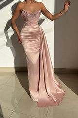 Fabulous Pink Strapless Sequined Satin Prom Dress With Ruffles