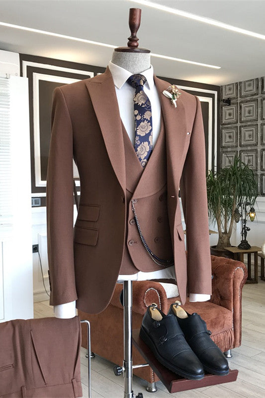 Fancy Coffee Peaked Lapel 3 Piece Business Suit