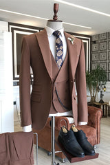 Fancy Coffee Peaked Lapel 3 Piece Business Suit