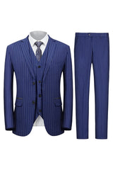 Fancy Dark Blue 3 Piece Notched Lapel Business Men's Suit