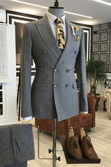 Fancy Gray Peaked Lapel Double Breasted Striped Business Suit