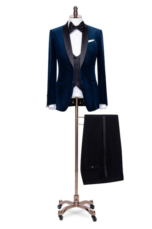 Fancy Navy Blue Shawl Lapel 3 Piece Velvet Wedding Suit