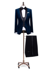 Fancy Navy Blue Shawl Lapel 3 Piece Velvet Wedding Suit