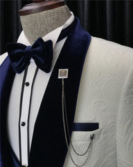 Fancy White 3 Piece Jacquard Wedding Suit with Navy Blue Shawl Lapel