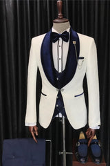 Fancy White 3 Piece Jacquard Wedding Suit with Navy Blue Shawl Lapel