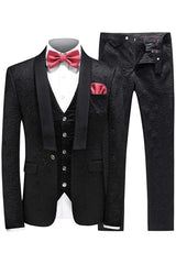 Fashion Black Shawl Lapel 3 Piece Jacquard Men's Wedding Suit