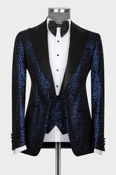 Fashion Navy Blue Jacquard Peaked Lapel 3 Piece Prom Suit