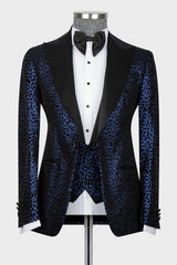Fashion Navy Blue Jacquard Peaked Lapel 3 Piece Prom Suit