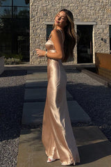 Fashionable Mermaid Spaghetti Straps Champagne Party Dress With Open Back Formal Evening Gown