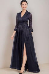 Floor-Length A-Line Mother Of The Bride Dress with V-Neck 3/4 Sleeves Appliques & Side Slit