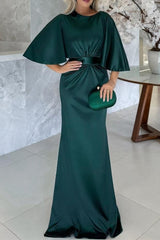 Floor-Length Belted Mother of the Bride Dress with 1/2 Sleeves and Sheath/Column Scoop Neckline