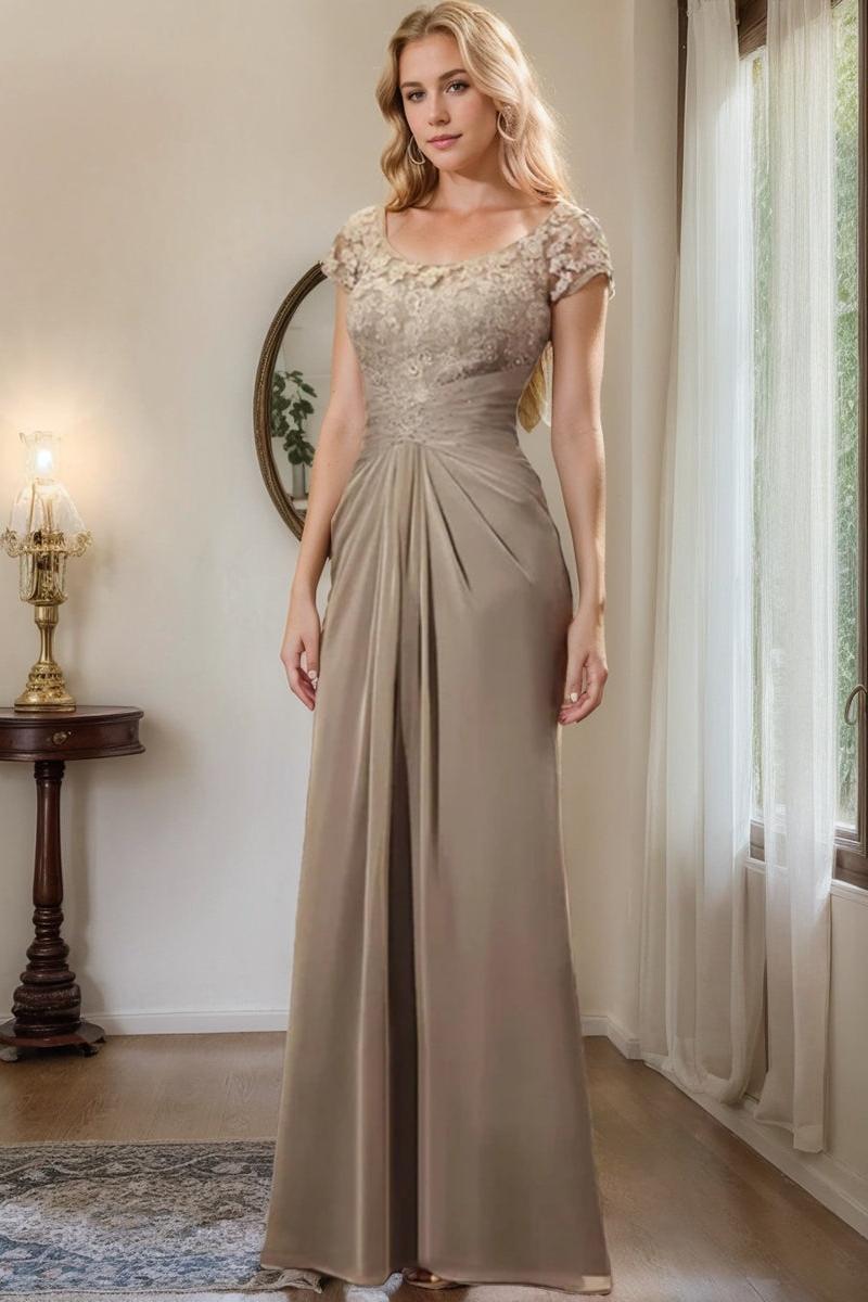 Floor-Length Chiffon Mother of the Bride Dress with Lace Ruffle and Sheath/Column Scoop