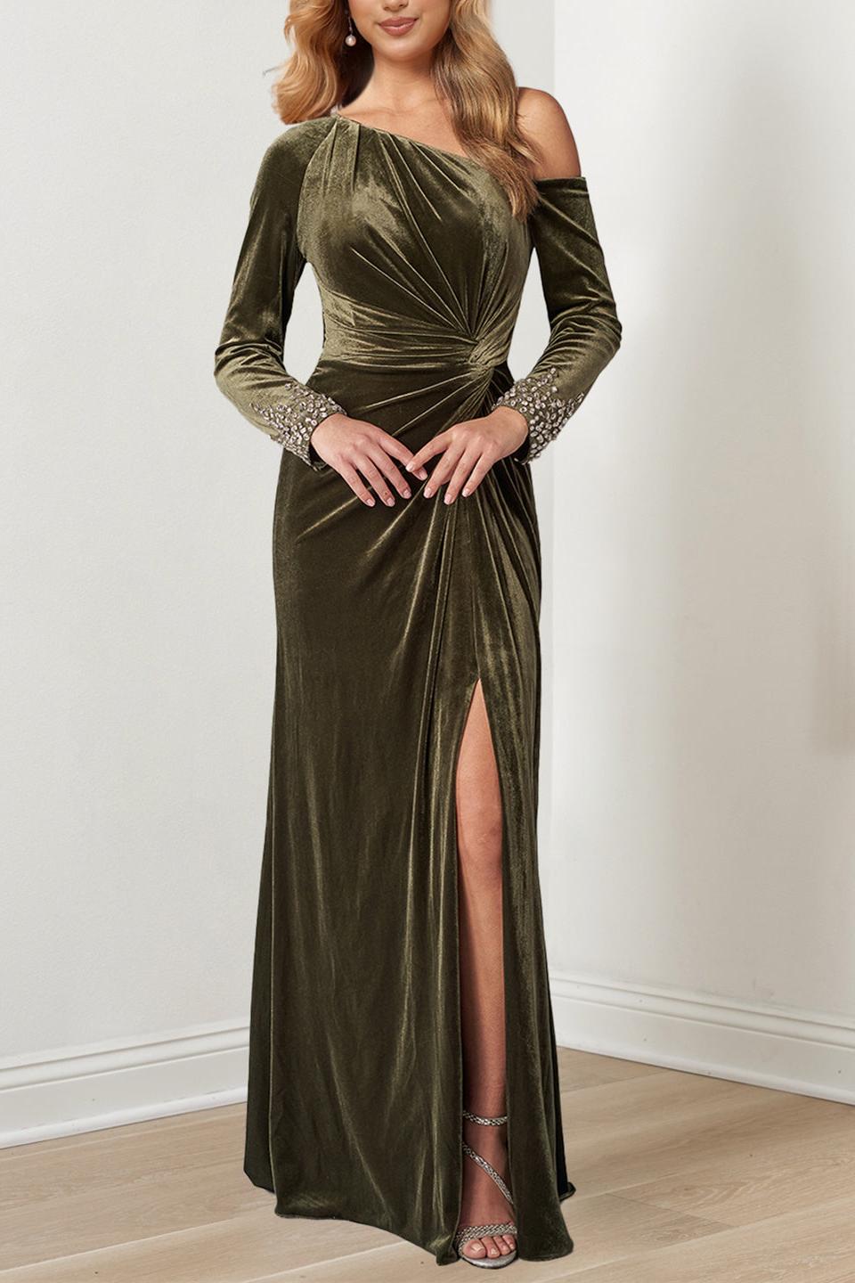 Floor-Length Mother of the Bride A-Line Dress with Beaded Cuffs and Asymmetrical Neckline