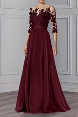 Floor-Length Mother of the Bride A-Line Dress with Jewel Neck and 3/4 Sleeves