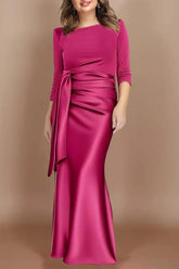 Floor-Length Plus Size Mother of the Bride Dress with Bow and 3/4 Sleeves