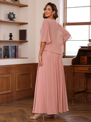 Floor-Length Princess V-Neck Mother of the Bride A-Line Dress with Appliques & Wrap in 2 Pics