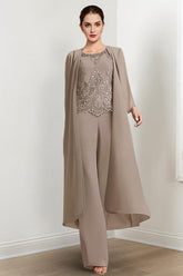 Floor-Length Round Neck Chiffon Pantsuits For The Mother Of The Bride With Jacket And Applique