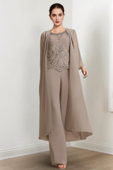 Floor-Length Round Neck Chiffon Pantsuits For The Mother Of The Bride With Jacket And Applique