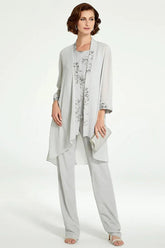 Floor-Length Round Neck Chiffon Pantsuits with Jacket for the Mother of the Bride