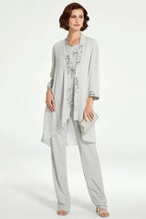Floor-Length Round Neck Chiffon Pantsuits with Jacket for the Mother of the Bride