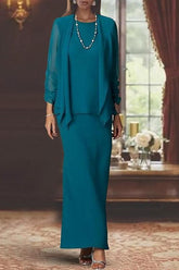 Floor-Length Scoop Neck Sheath Dress with Long Sleeves and Jacket for the Mother of the Bride