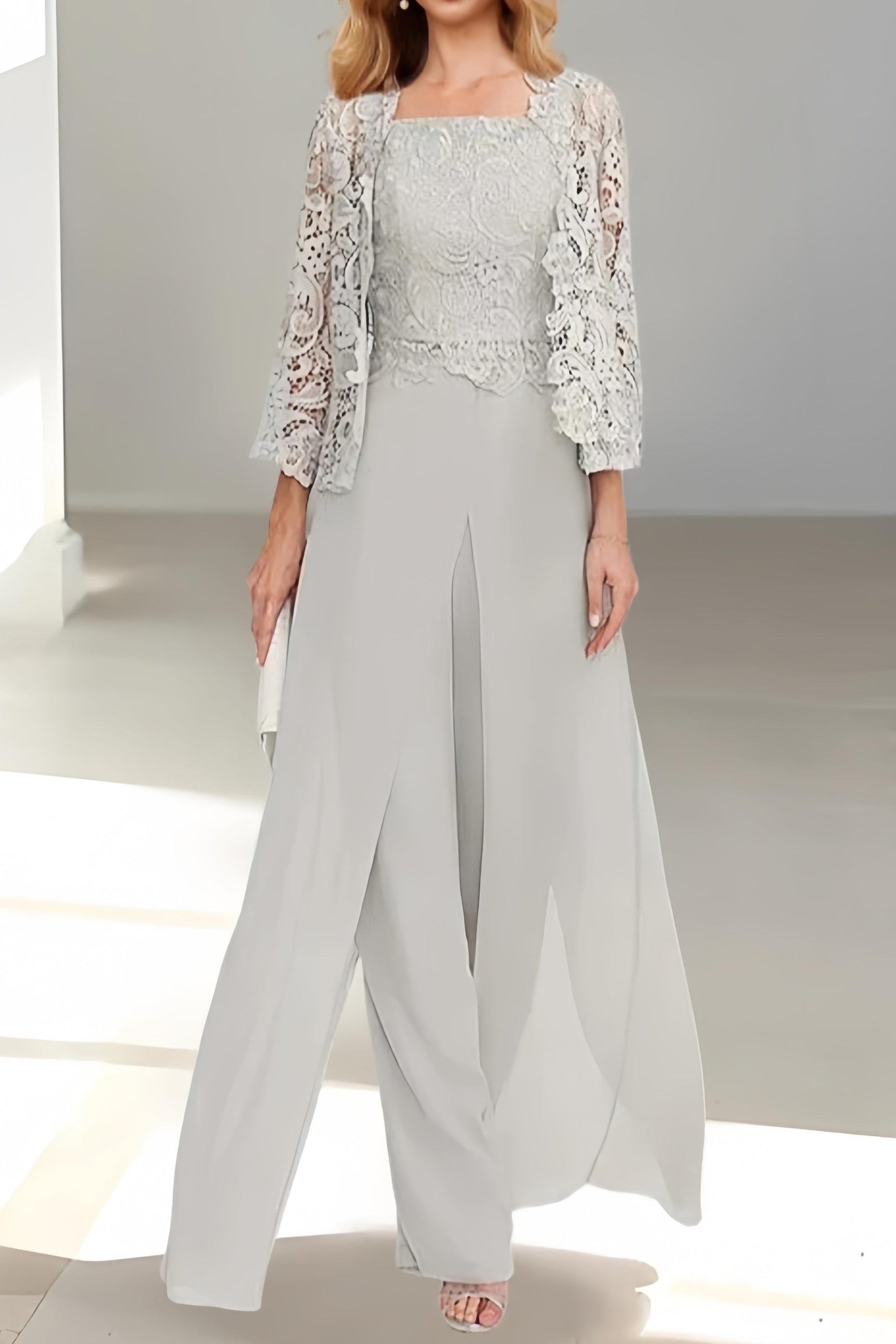 Floor-Length Square Neck Chiffon Mother of the Bride Pantsuit with Jacket & Side Split