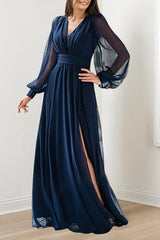 Floor-Length V-Neck A-Line Princess Gown with Ruffles for the Mother of the Bride