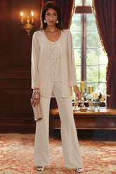 Floor-Length V-Neck Chiffon Pantsuits with Jacket & Sequins for the Mother of the Bride
