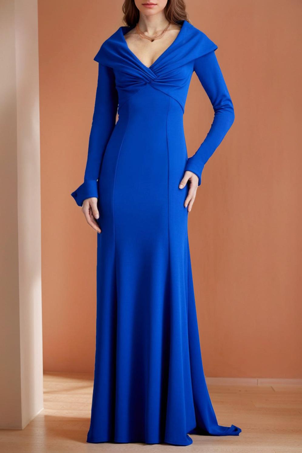 Floor-Length V-Neck Mermaid/Trumpet Mother of the Bride Dress with Ruffled Long Sleeves
