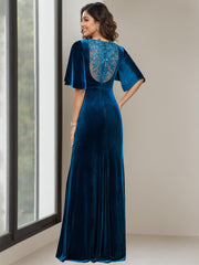 Floor-Length Velvet Mother of the Bride Dress with Scoop Neck Half Sleeves and Beaded Appliques & Sequins