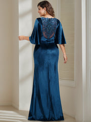 Floor-Length Velvet Mother of the Bride Dress with Scoop Neck Half Sleeves and Beaded Appliques & Sequins