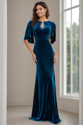 Floor-Length Velvet Mother of the Bride Dress with Scoop Neck Half Sleeves and Beaded Appliques & Sequins