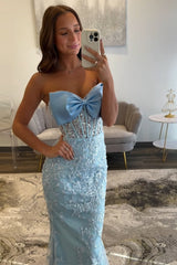 Floral Mermaid Sky Blue Prom Dress Strapless Long Formal Dress With Bow