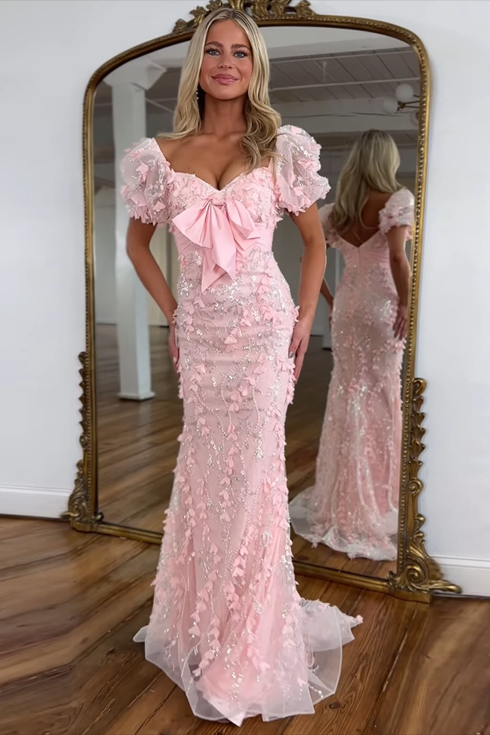 Floral Pink Prom Dress Mermaid Long Formal Dress With Puffsleeves