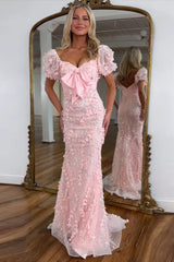 Floral Pink Prom Dress Mermaid Long Formal Dress With Puffsleeves