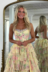 Floral Print Prom Dress Tiered Ruffle Formal Dress with Corset Detail & Front Slit