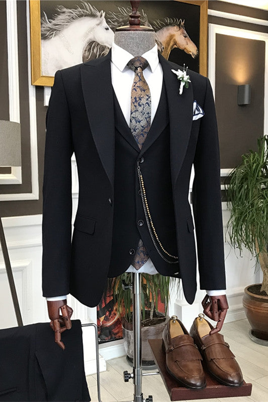 Formal Black 3 Piece Peaked Lapel Business Men's Suit