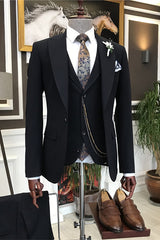 Formal Black 3 Piece Peaked Lapel Business Men's Suit