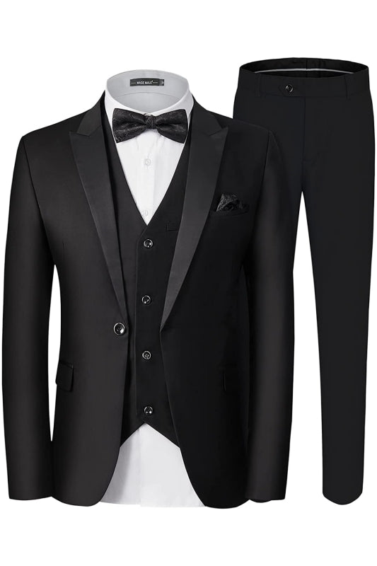 Formal Black 3 Piece Peaked Lapel Business Suit for Men