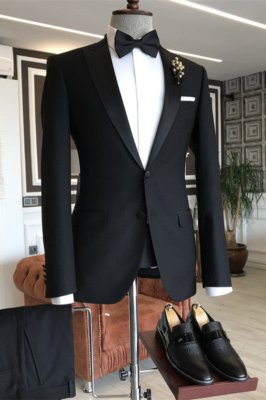 Formal Black Peaked Lapel 2 Piece Men's Business Suit