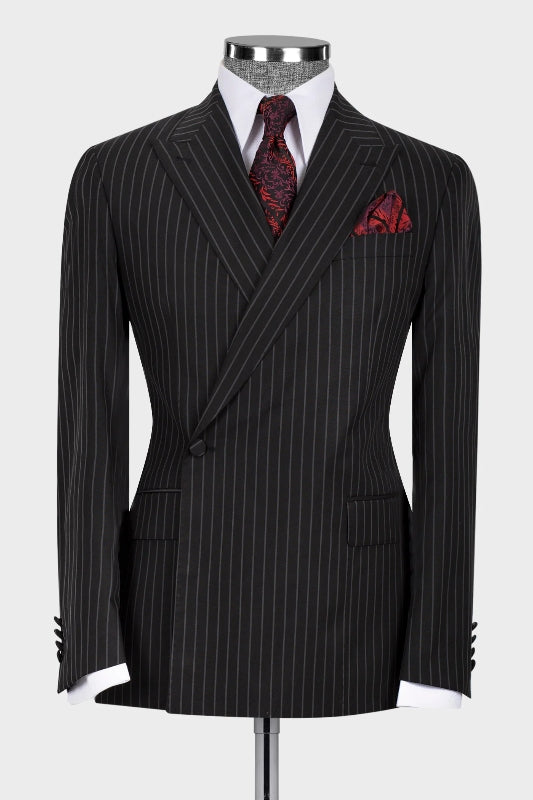 Formal Black Striped Peaked Lapel Business Suit
